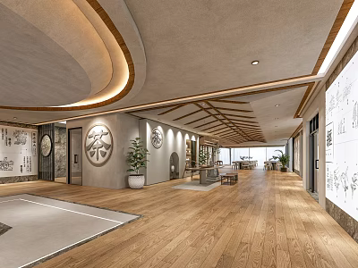 Elegant Traditional Tea House Interior With Wooden Floors Wall Art Plants And Ceiling Design 3d model