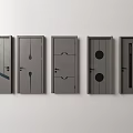 Five Gray Hinged Doors Featuring Different Designs Showcased On White Wall 3d model