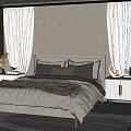Modern Double Bed With Gray Beige Bedding Bedside Tables And Soft Curtains