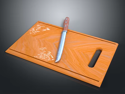Wooden Kitchen Cutting Board With Knife And Carved Patterns And Handle Hole 3d model