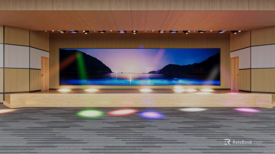 Modern Stage Design With Large Digital Backdrop Scenic Sunset And Colorful Light Projections 3d model 
