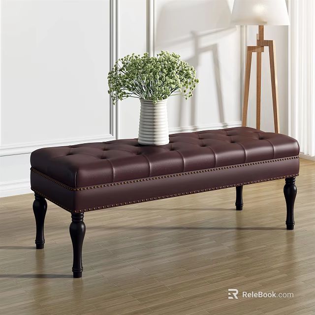 Dark Brown Leather Tufted Ottoman Bench With Black Legs On Wooden Floor 3d model 