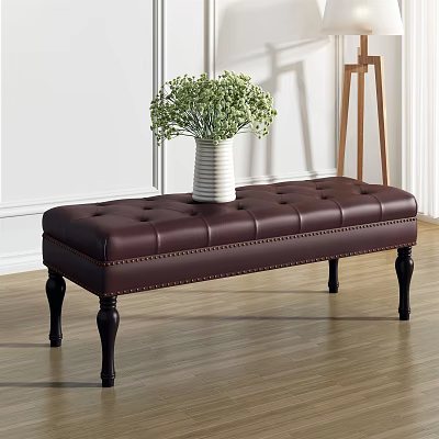 Dark Brown Leather Tufted Ottoman Bench With Black Legs On Wooden Floor 3d model