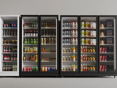 Glass Door Refrigerators Displaying Assorted Beverages And Food Products 3d model