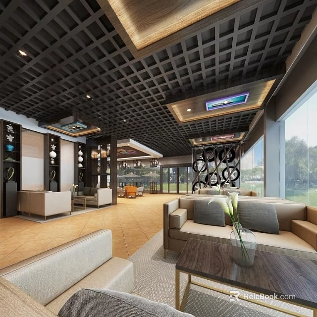Modern Lounge Area Interior With Grid Ceiling Sofas Coffee Tables And Natural Light 3d model 