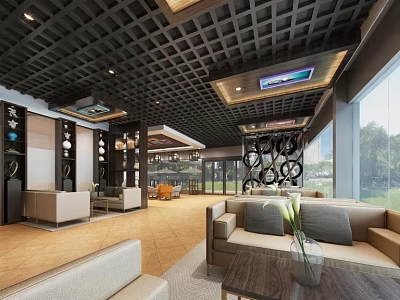 Modern Lounge Area Interior With Grid Ceiling Sofas Coffee Tables And Natural Light 3d model
