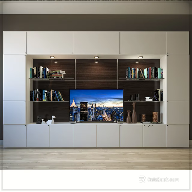 Modern White TV Cabinet With Built-in TV Shelves Books And Decorations 3d model 