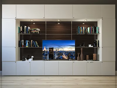 Modern White TV Cabinet With Built-in TV Shelves Books And Decorations 3d model