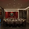 Elegant Private Dining Room With Round Dining Table Red Accent Wall And Decorative Artwork 3d model