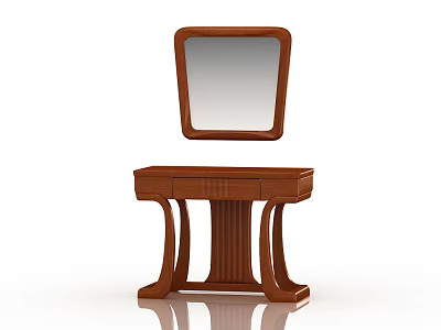 Classic Brown Wooden Dressing Table With Square Mirror And Curved Legs 3d model