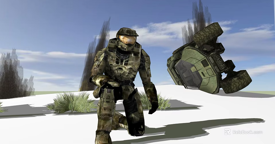Game Movie Armored Warrior On Snowy Battlefield With Crashed Vehicle And Smoke Plumes 3d model 