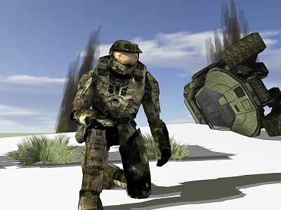 Game Movie Armored Warrior On Snowy Battlefield With Crashed Vehicle And Smoke Plumes 3d model