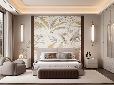 Elegant Modern Bedroom With Botanical Wallpaper King Size Bed Nightstands Lamps And Bench 3d model