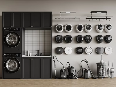 Modern Washing Machines With Black Cabinets Wall Mounted Cleaning Accessories And Vacuum Cleaners 3d model