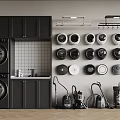 Modern Washing Machines With Black Cabinets Wall Mounted Cleaning Accessories And Vacuum Cleaners