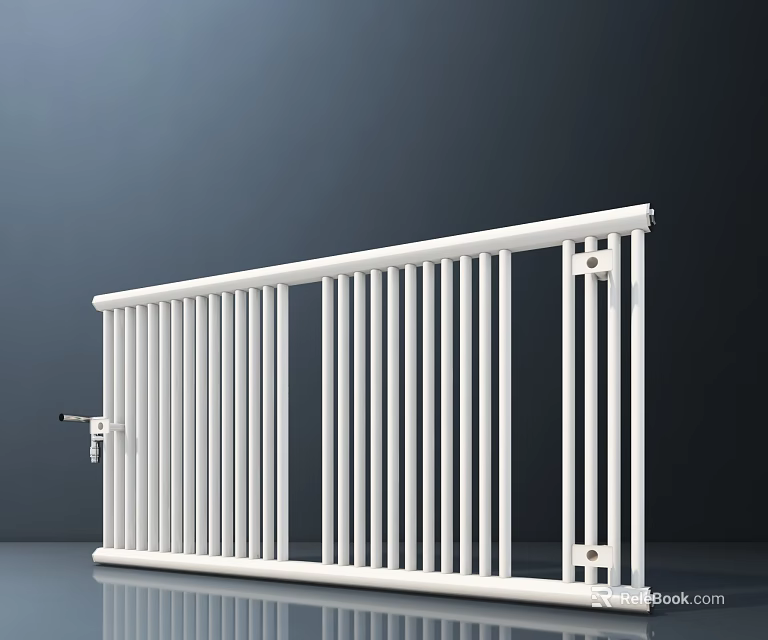 White Metal Gate With Vertical Bars And Secure Lock Mechanism Design 3d model