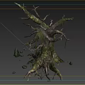 Moss Covered Tree With Twisted Trunk Branches And Stones 3d model