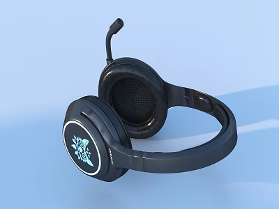 Black Over Ear Headphones With Microphone And Illuminated Logo For Daily Use 3d model