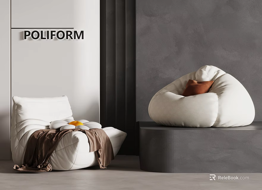Plush White Bean Bag Chairs In Modern Elegant Interior With Gray Platform And Blanket 3d model 