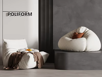 Plush White Bean Bag Chairs In Modern Elegant Interior With Gray Platform And Blanket 3d model