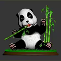 3D Panda Character Sitting On Green Grass Eating Bamboo With Bamboo Stalk And Round Base