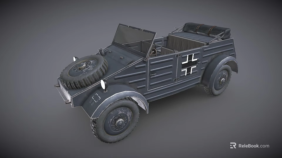 Vintage Military Open Top Vehicle Featuring Spare Tire And Dark Exterior Design 3d model 
