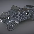 Vintage Military Open Top Vehicle Featuring Spare Tire And Dark Exterior Design