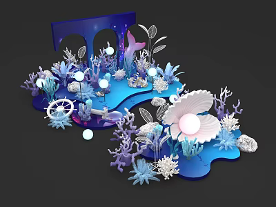 Underwater Themed 3D Artwork With Coral Seashell Blue Purple Elements And Glowing Orbs 3d model