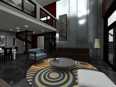 Modern Architectural Interior Design With Spiral Staircase Circular Rug Sofa Metallic Walls And Floor Lamp 3d model