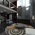 Modern Architectural Interior Design With Spiral Staircase Circular Rug Sofa Metallic Walls And Floor Lamp
