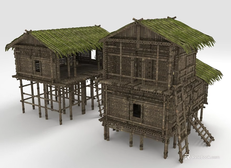 Cartoon Style Stilt Houses With Green Thatched Roofs Wooden Structures And Stairs Scene 3d model 