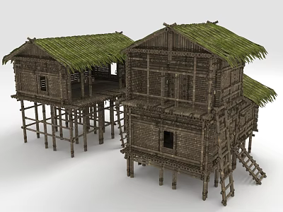 Cartoon Style Stilt Houses With Green Thatched Roofs Wooden Structures And Stairs Scene 3d model