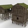 Cartoon Style Stilt Houses With Green Thatched Roofs Wooden Structures And Stairs Scene
