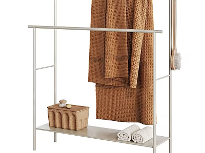 Practical Bathroom Storage Rack With Brown Towel Wicker Basket Brush And White Towels 3d model