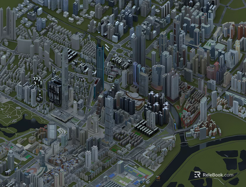Aerial Planning of Urban Development With High Rise Buildings Green Spaces And Road Networks 3d model 