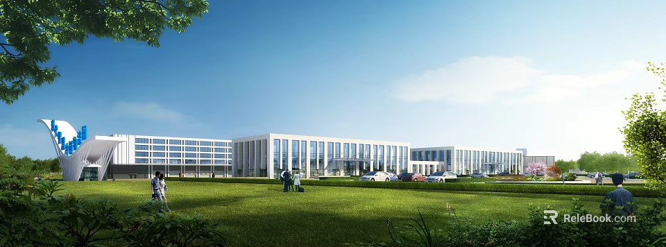 Aerial Planning of Modern White Buildings with Large Glass Windows Green Lawn and Parking Lot 3d model 