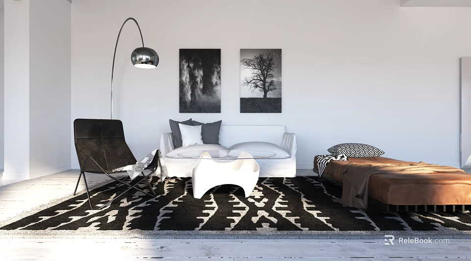 White Sofa and Coffee Table Set in Modern Living Room with Black and White Rug 3d model 