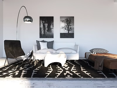 White Sofa and Coffee Table Set in Modern Living Room with Black and White Rug 3d model