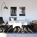 White Sofa and Coffee Table Set in Modern Living Room with Black and White Rug