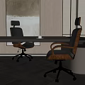 Modern Office Chair with Leather Wooden Armrests in Workspace with Long Desk and Wall Art