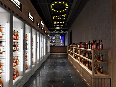 Stylish Bar Interior Design With Wine Bottle Display Refrigerated Cabinets And Wooden Shelves 3d model