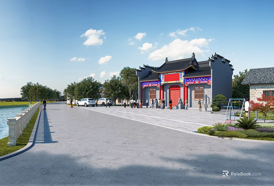 Traditional Ancient Chinese Building With Red Doors Tiled Roof And Plaza With Trees Cars 3d model 