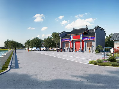 Traditional Ancient Chinese Building With Red Doors Tiled Roof And Plaza With Trees Cars 3d model