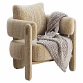 Cozy Leisure Chair with Beige Yellow Striped Fabric Thick Armrests and Gray Knitted Blanket