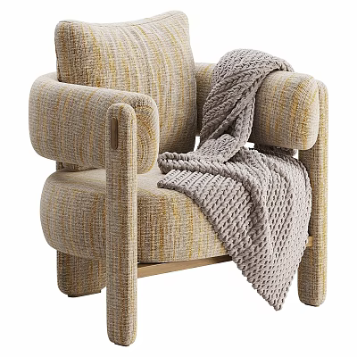 Cozy Leisure Chair with Beige Yellow Striped Fabric Thick Armrests and Gray Knitted Blanket 3d model