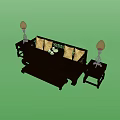 Chinese Style Wooden Daybed with Carved Details Side Table Tea Set and Red Lamps