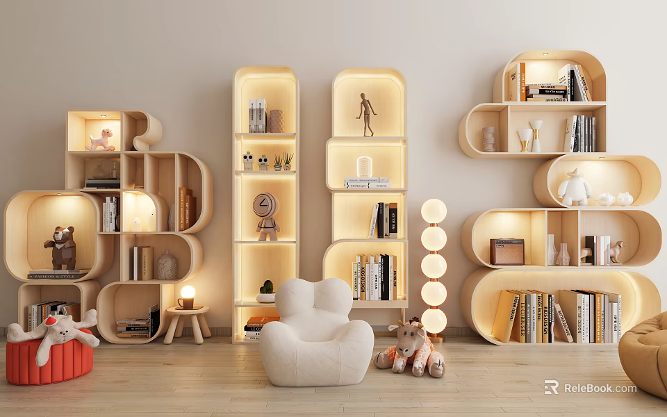 Modern Curved Wooden Bookcases With Soft Lighting And Stuffed Toys In Cozy Kids Reading Corner 3d model 