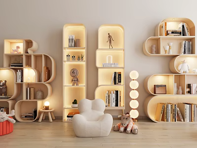 Modern Curved Wooden Bookcases With Soft Lighting And Stuffed Toys In Cozy Kids Reading Corner 3d model