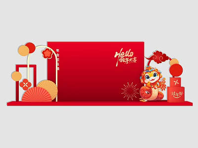 New Year Check in Photo Spot With Red Backdrop Lion Dance Figure Lanterns And Fireworks 3d model