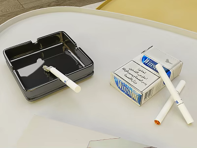 Modern Black Square Ashtray With Wisdom Cigarette Pack And Cigarettes Decorative Set 3d model